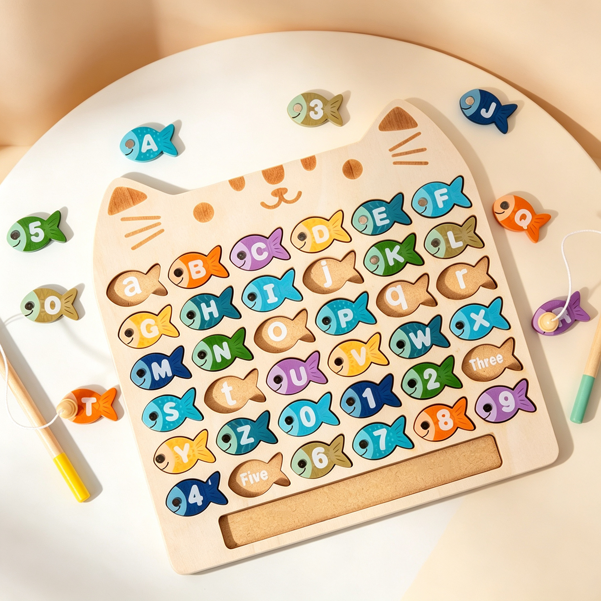 木制小猫钓鱼数字字母认知玩具
