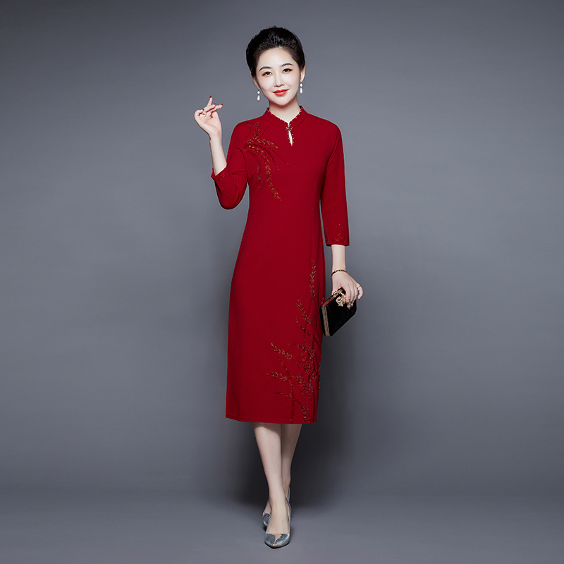 春秋女办婚礼喜妈妈婚宴装弹力高贵年轻旗袍喜婆婆酒红色喜庆礼服