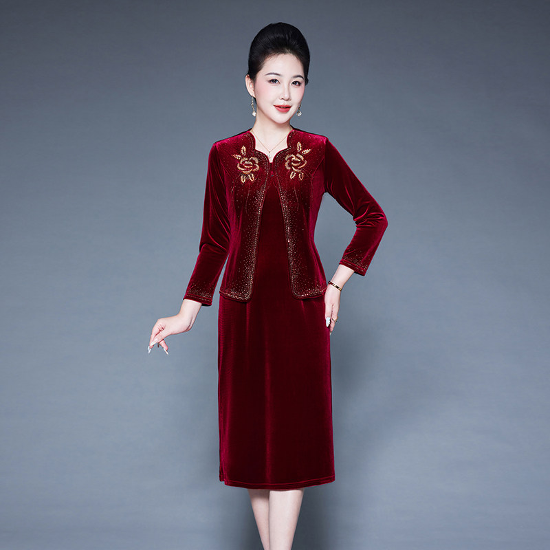 秋冬中老年喜婆婆高端金丝绒婚礼两件套婚宴礼服结婚妈妈装套装裙