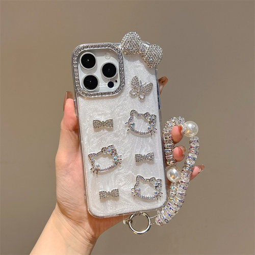 日韩风缕空KT猫适用于华为Pura70手机壳mate60pro水钻镜框nova13可爱P40荣耀200高级X50蝴蝶结X9C珠光白X8B女