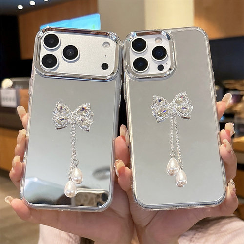 宝石蝴蝶结珍珠吊坠适用于谷歌GooglePixel10手机壳9A电镀镜面Pixel5XL透明8pro保护套6A补妆镜子7A高级感4女