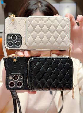 菱格小香风拉链卡包适用三星S23Ultra手机壳S25+斜跨S24FE简约note10pro硅胶套A71挂绳A55羊皮A34高档A16潮女