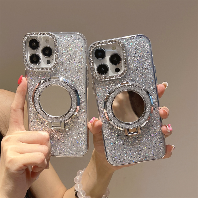 圆形支架小镜子适用于谷歌GooglePixel10手机壳9A高级感Pixel5XL银色闪粉亮片8pro补妆镜面6A可爱7A闪钻镜框4