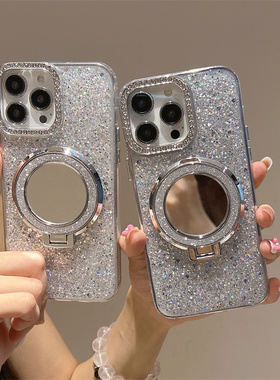 圆形支架小镜子适用于谷歌GooglePixel10手机壳9A高级感Pixel5XL银色闪粉亮片8pro补妆镜面6A可爱7A闪钻镜框4