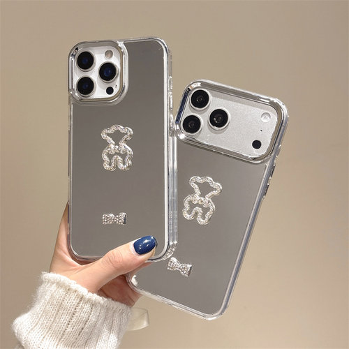 银色镜面水钻小熊适用于MotorolaEdge70Fusion手机壳摩托罗拉60pro蝴蝶结S50neo补妆镜子G85可爱G54手链G13女