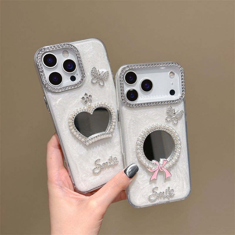 水钻蝴蝶字母珍珠皇冠镜子适用于谷歌GooglePixel10手机壳9A高级感Pixel5XL补妆8pro镜面6A可爱4A珠光白7潮女