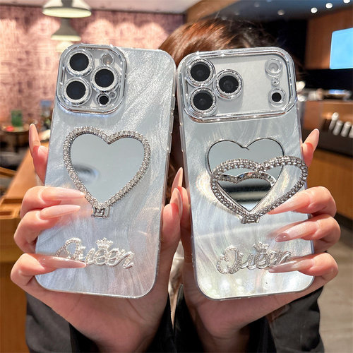 水钻爱心镜子支架适用于iphone16手机壳17proMAX羽纱毛条纹苹果15补化妆镜面13电镀镜头带膜14plus高级感手链