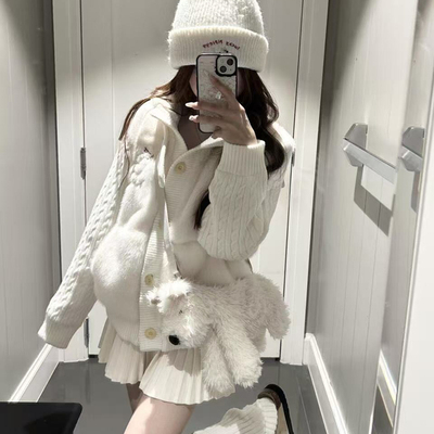 学院风毛衣外套百褶裙两件套装女