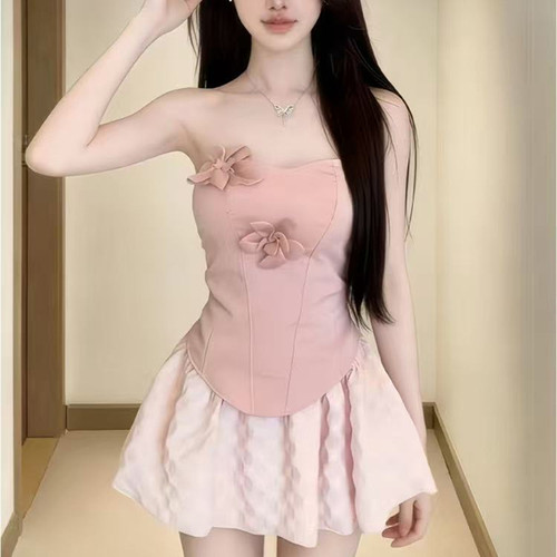夏季盐系粉色抹胸上衣裙子套装