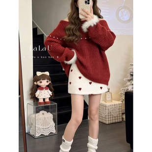 冬装穿搭一整套韩系独特漂亮绝美过年新年红色毛衣短裙两件套装女