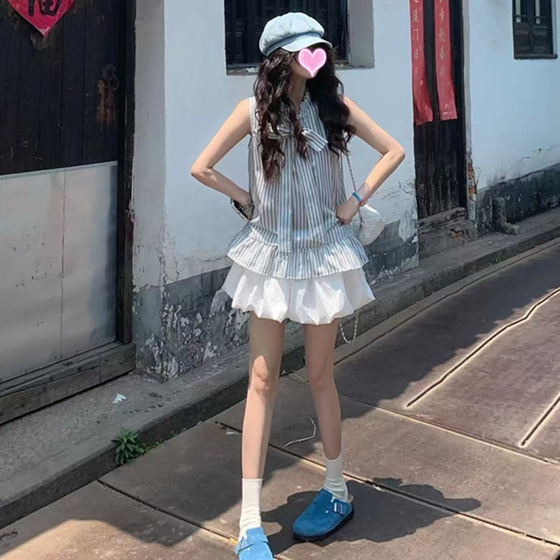 夏季小个子甜美纯欲风独特绝美俏皮活泼减龄背心衬衫短裙两件套装 - 实物图