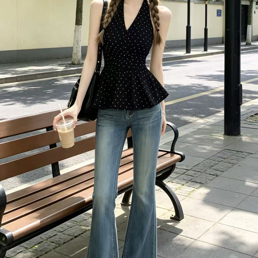 夏季御姐轻熟风穿搭性感辣妹纯欲高级感挂脖上衣牛仔裤两件套装女
