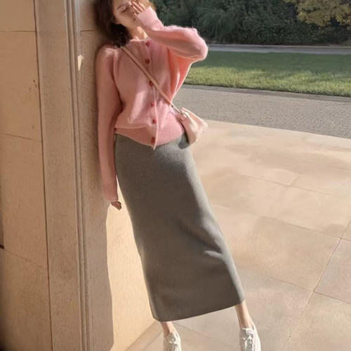 粉色毛衣裙子两件套装女