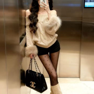 御姐轻熟绝美一字肩毛衣短裤套装