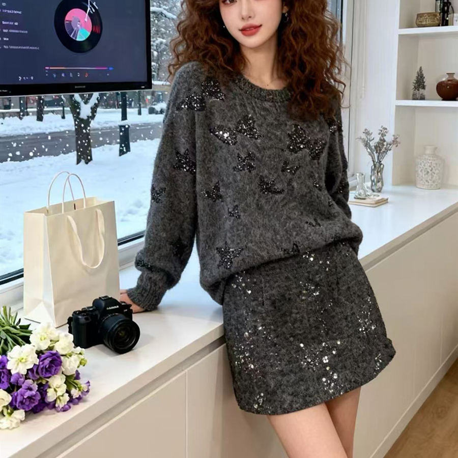 气质绝美大方得体毛衣裙子两件套