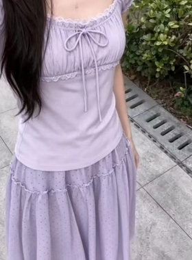 夏季法式温柔风气质独特漂亮绝美巨好看的紫色上衣裙子两件套装女