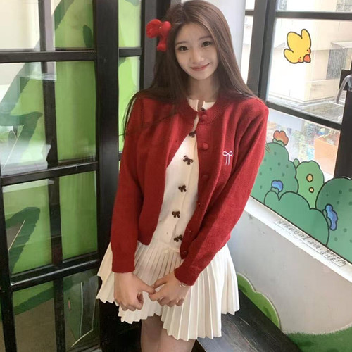 红色假两件毛衣裙子套装女