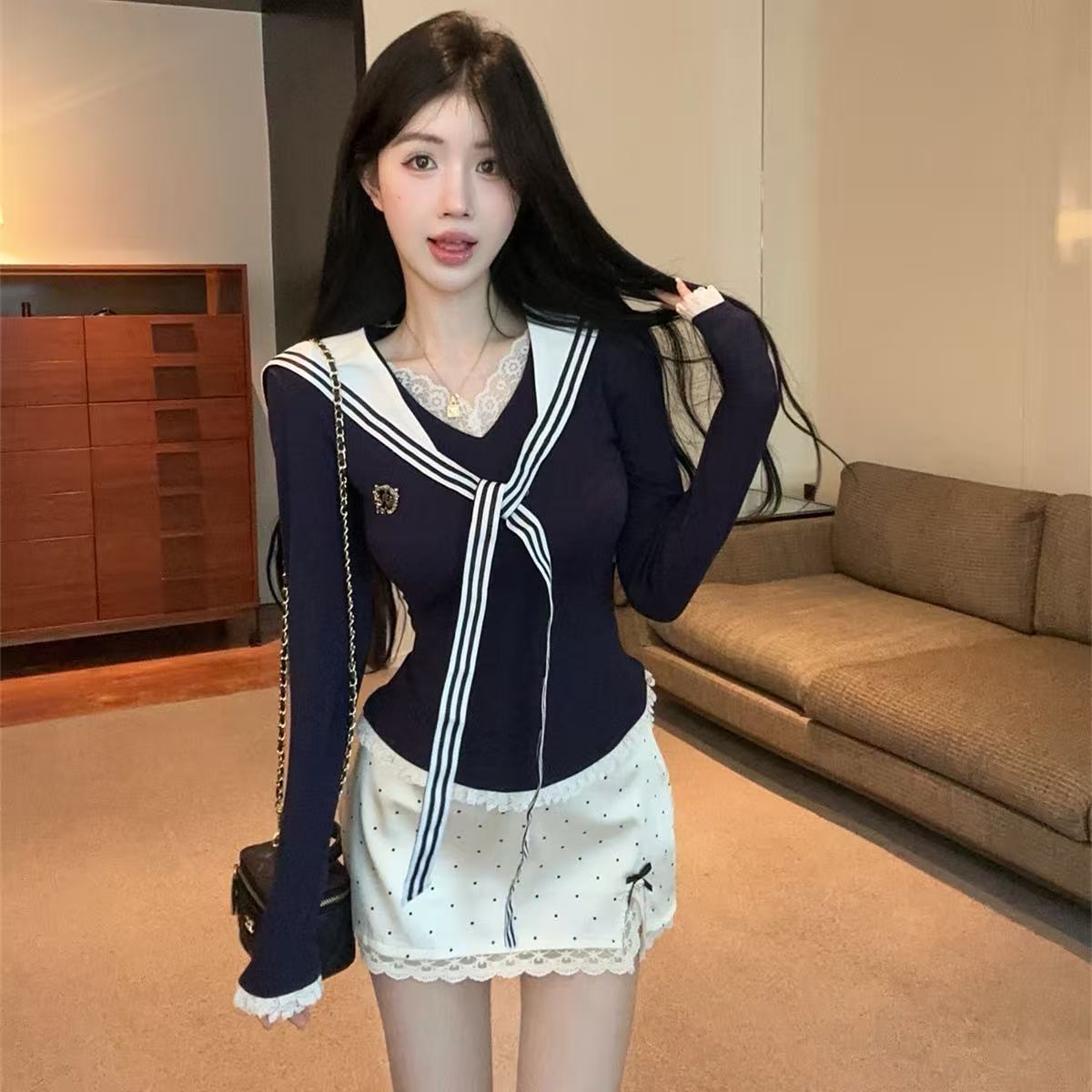 秋季甜辣御姐轻熟穿搭纯欲风高级感制服海军领上衣短裙两件套装女