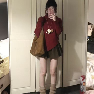 秋冬装一整套韩系氛围感巨好看小个子减龄学院风毛衣百褶裙套装女