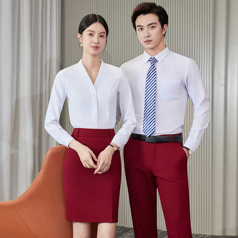 职业白色衬衫女士2025春秋男女同款酒店服务员工作服V领衬衣工装