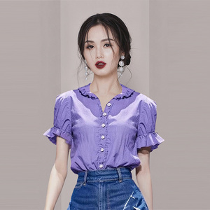 法式气质荷叶边紫色上衣2024夏季新款设计绝美小众高级感短袖衬衫