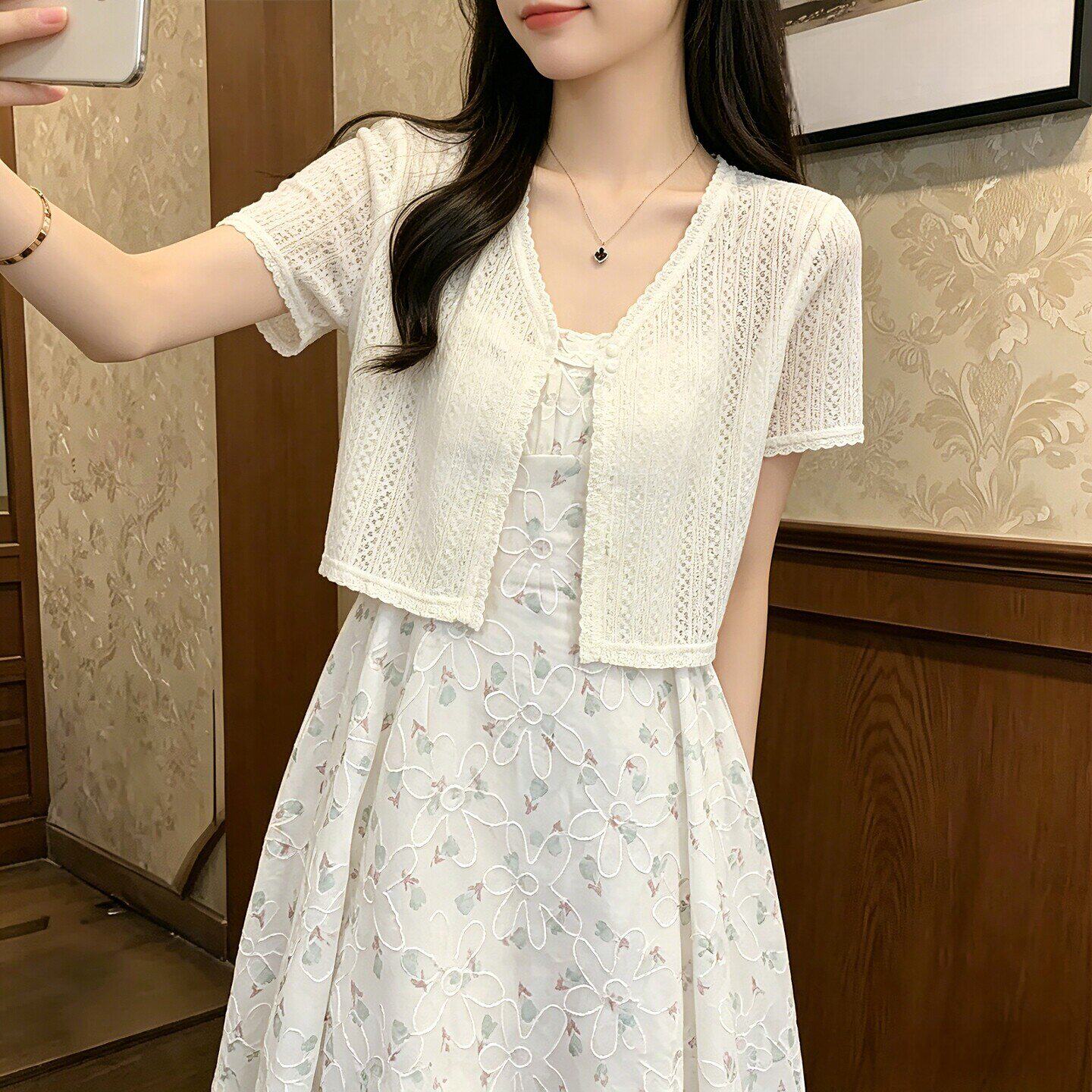 配吊带裙子的上衣女夏季蕾丝防晒开衫外搭短款小外套披肩罩衫薄款