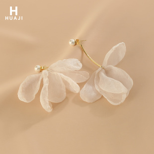 花迹白色雪纺花朵耳环气质名媛流苏不对称耳坠女2026年新款 潮耳饰