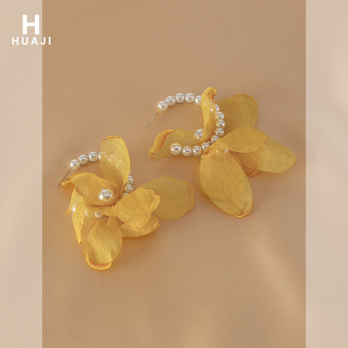 花迹黄色花朵珍珠耳环女