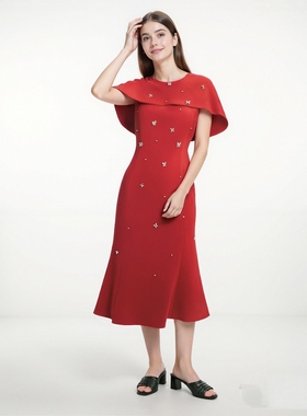 珂蒂商场同款新款斗篷式钉珠洋装裙a字鱼尾裙连衣裙RF06808A6