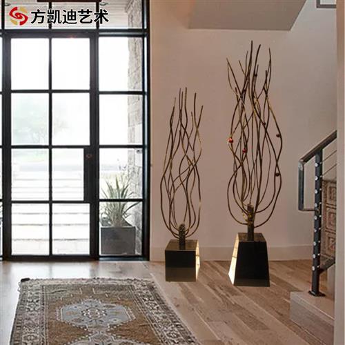 新中式铁艺古铜落地雕塑发财树室内厂家扭曲小品工艺杆支金属摆件