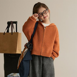 软糯风连帽拉链针织开衫女童秋冬保暖百搭毛衣外套洋气小女孩上衣