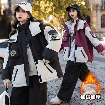 女童冲锋衣外套2025新款连帽儿童棉服防风保暖棉衣户外登山服夹棉