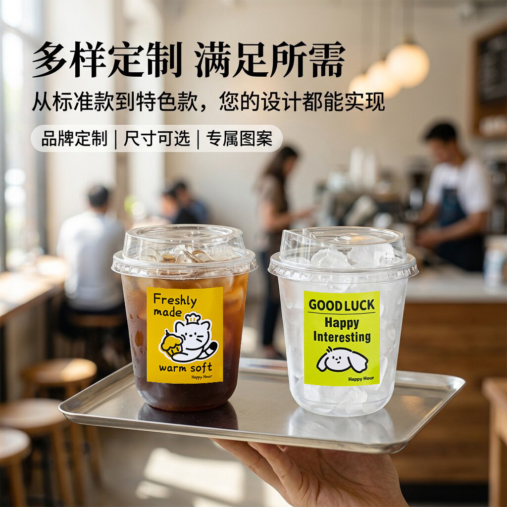 加厚一次性U型PET奶茶杯子带贴纸