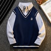 男孩纯棉马甲针织衫 男童衬衫 新款 2026秋装 领假两件毛衣儿童秋冬款