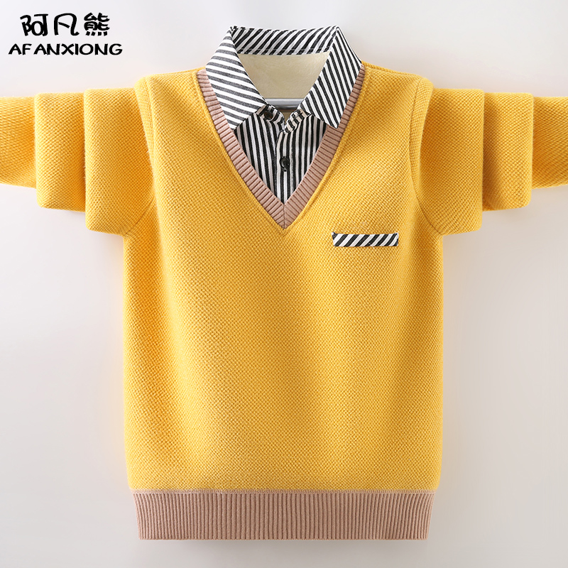 男童冬季新款一体绒假两件毛衣