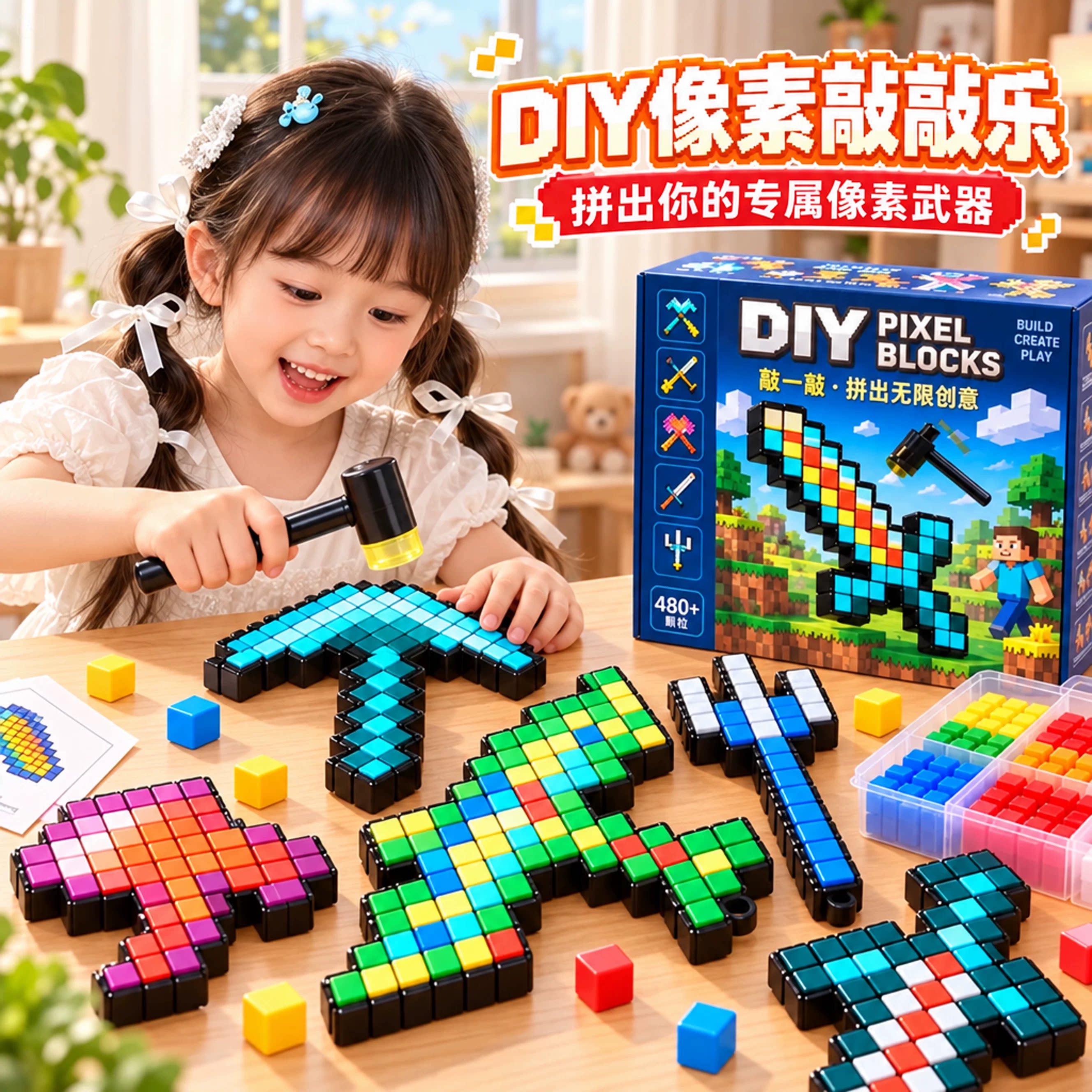 像素敲豆豆3D立体敲敲乐套装我的拼豆世界DIY手工制作男女孩玩具