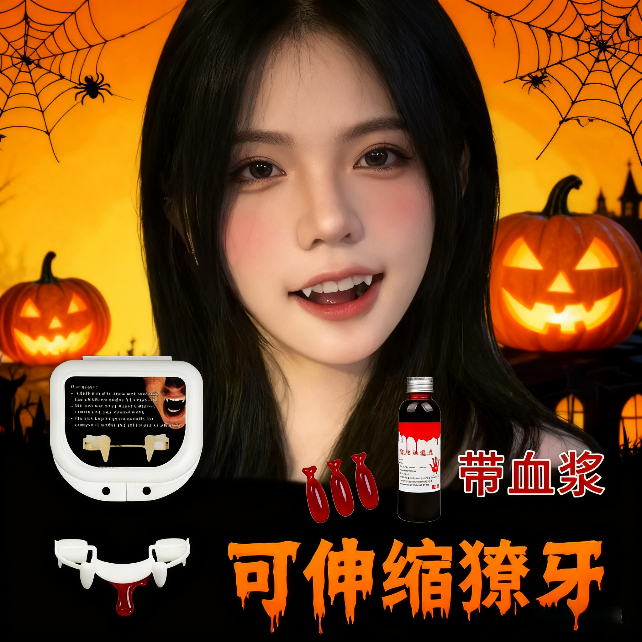 万圣节可伸缩吸血鬼假牙齿套可控制小虎牙创意恶搞血浆恐怖小道具