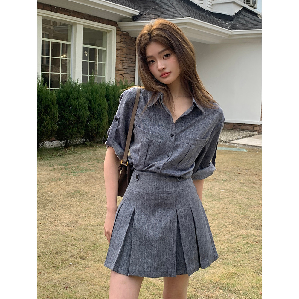 夏装新款通勤仿牛仔衬衫上衣女小众百褶短裙半裙两件套装