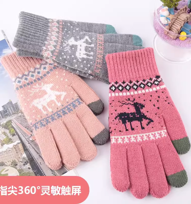针织触屏手套女士冬季保暖加厚加绒户外骑行提花可爱麋鹿韩版手套