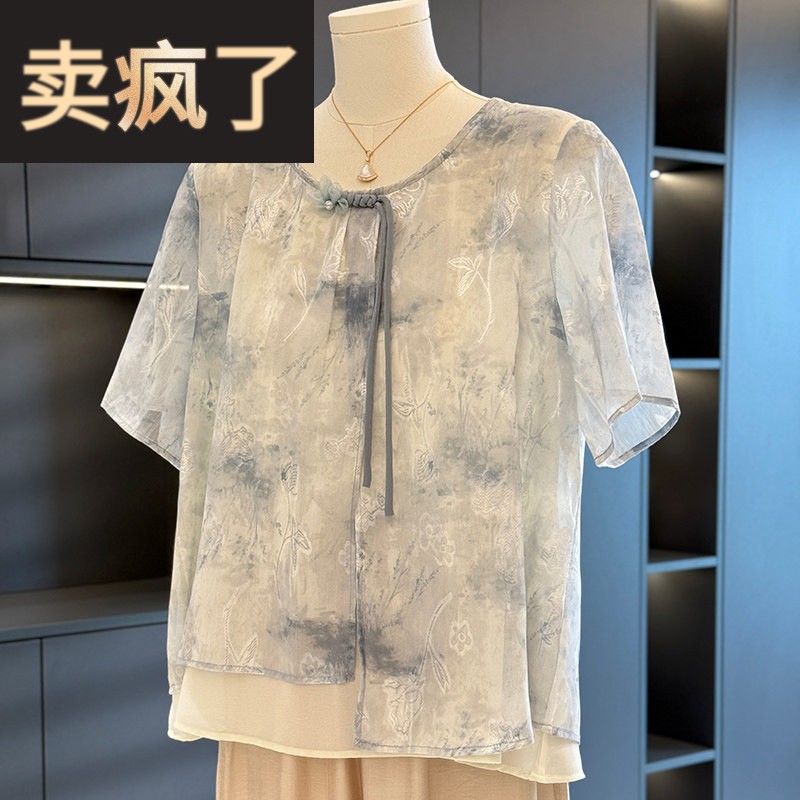 新中式国风妈妈装雪纺衬衫女短袖夏装新款上衣减龄气质中老年衬衫