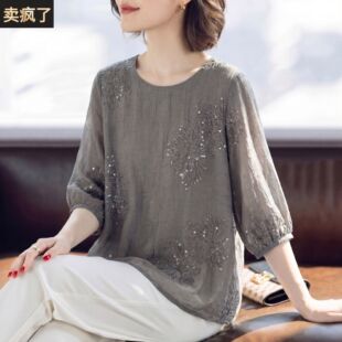 年轻妈妈夏装套装刺绣雪纺T恤小衫上衣服女中老年人洋派时尚减龄