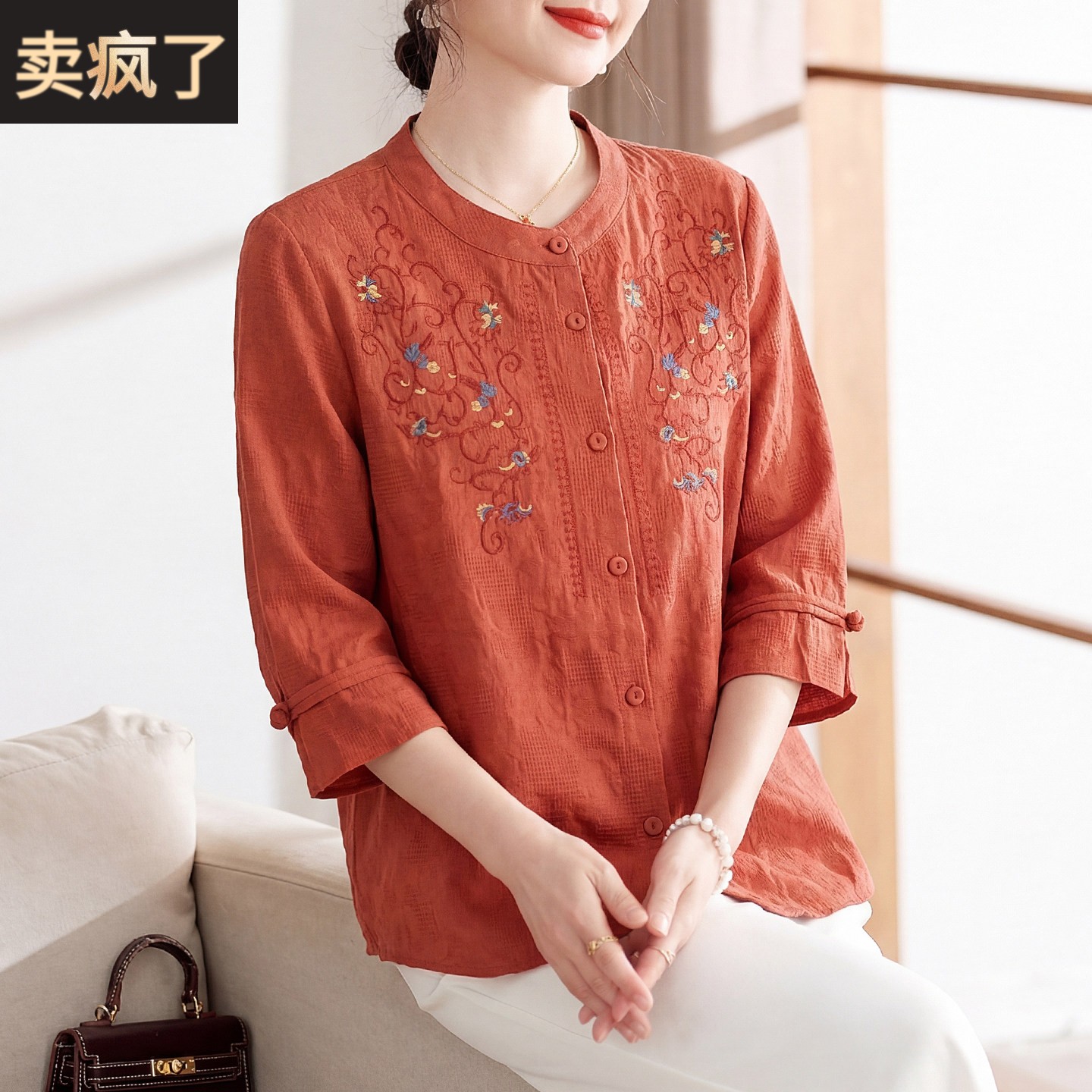 喜卉妈妈100%纯棉夏装衬衫中老年女士夏季短袖上衣圆领开衫洋气质