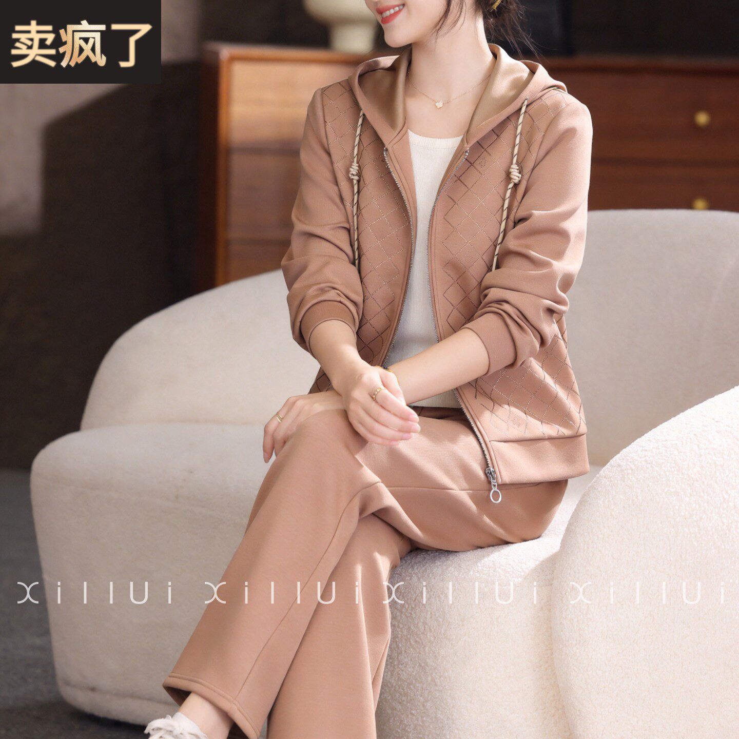喜卉妈妈春装连帽外套休闲裤两件套中老年女装洋气减龄运动服套装
