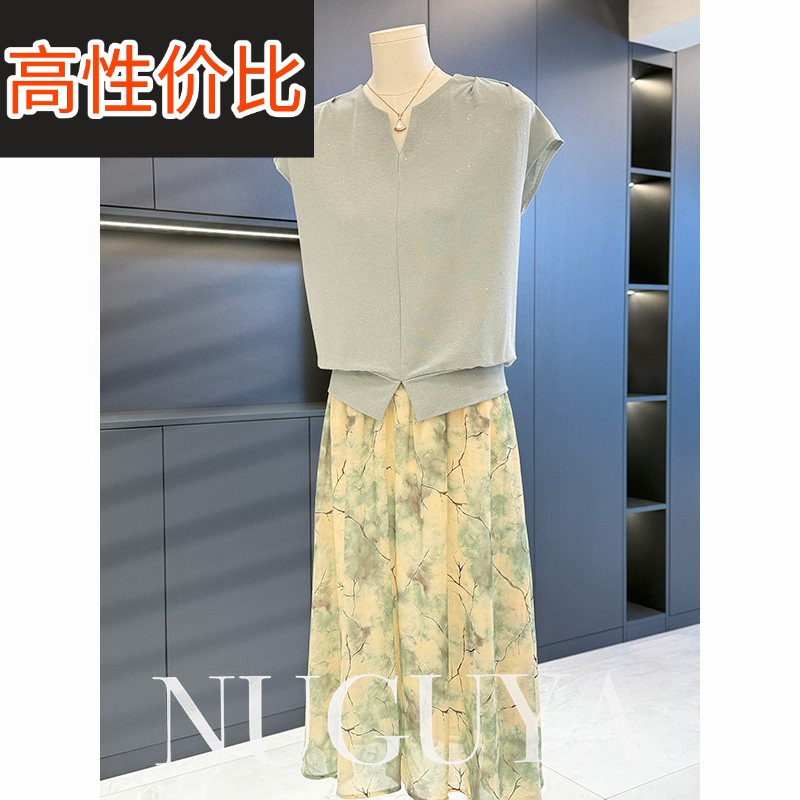 时尚洋派雪纺中年人洋装女套装夏装新款中长版妈妈装裙子两件套