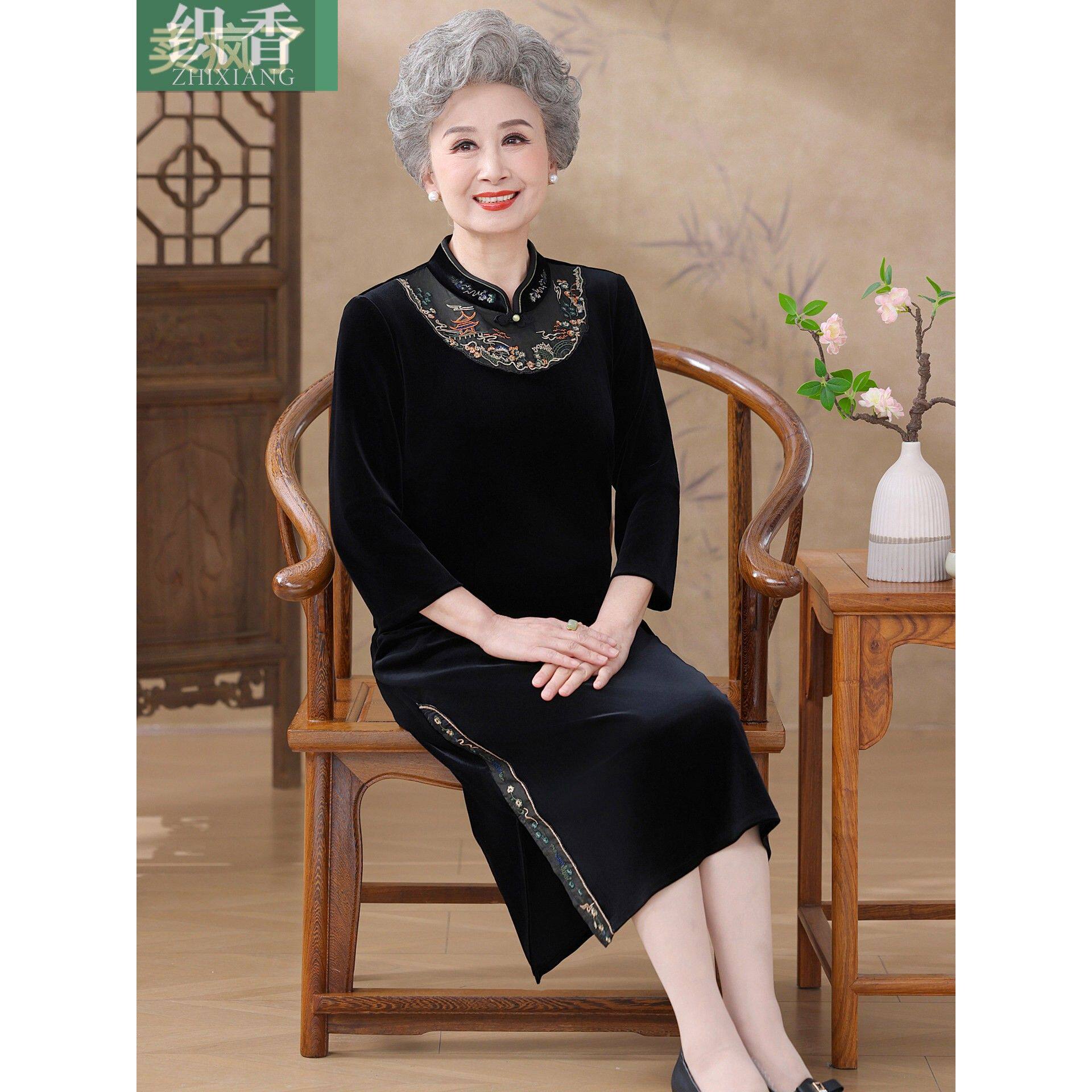 妈妈秋装金丝绒连衣裙高贵中老年人女春秋婚宴装礼服奶奶旗袍裙子