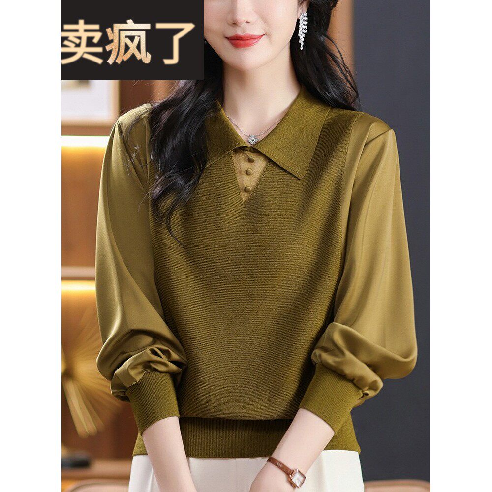 桑蚕丝长袖t恤女士2025新秋风妈妈翻领上衣独特的西式针织针织品