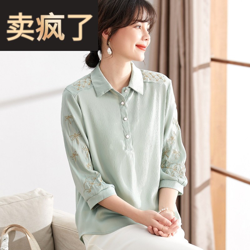 喜卉中年妈妈春装雪纺T恤新款小衫中老年女夏季洋派衬衫领上衣服