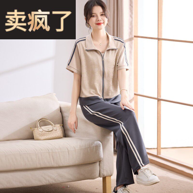 喜卉妈妈夏装时尚运动套装中老年女装洋气短袖外套休闲裤子两件套