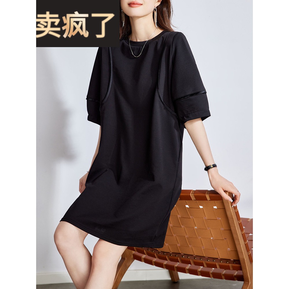 2025新夏季款式黑色Normcore风格连衣裙，宽松，覆盖肉，时尚中长