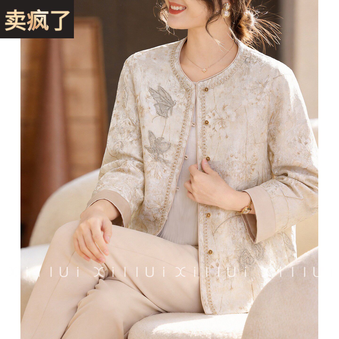 喜卉中老年妈妈春装新中式外套中老年女装春季国风短款夹克上衣服